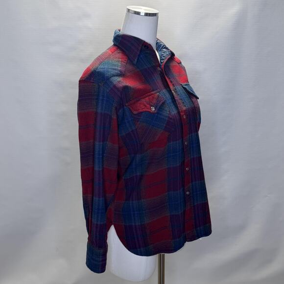 Vintage Pendleton Shirt Womens Medium Red Blue Plaid Wool Western Snap Front 70s - Picture 2 of 15